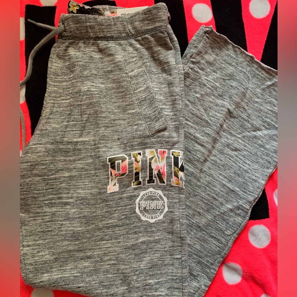 PINK Victoria's Secret Heather Gray Sweatpants with Floral Detail Boyfriend Cut